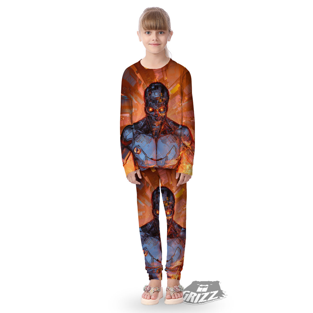 Fire Skeleton Robot Print Kid's Pajamas-grizzshop