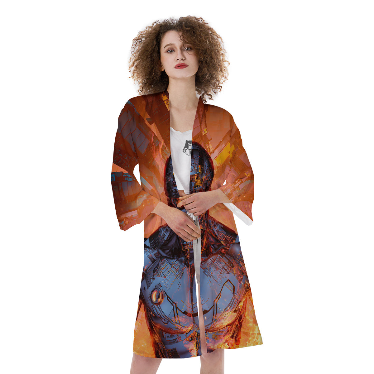Fire Skeleton Robot Print Kimono-grizzshop