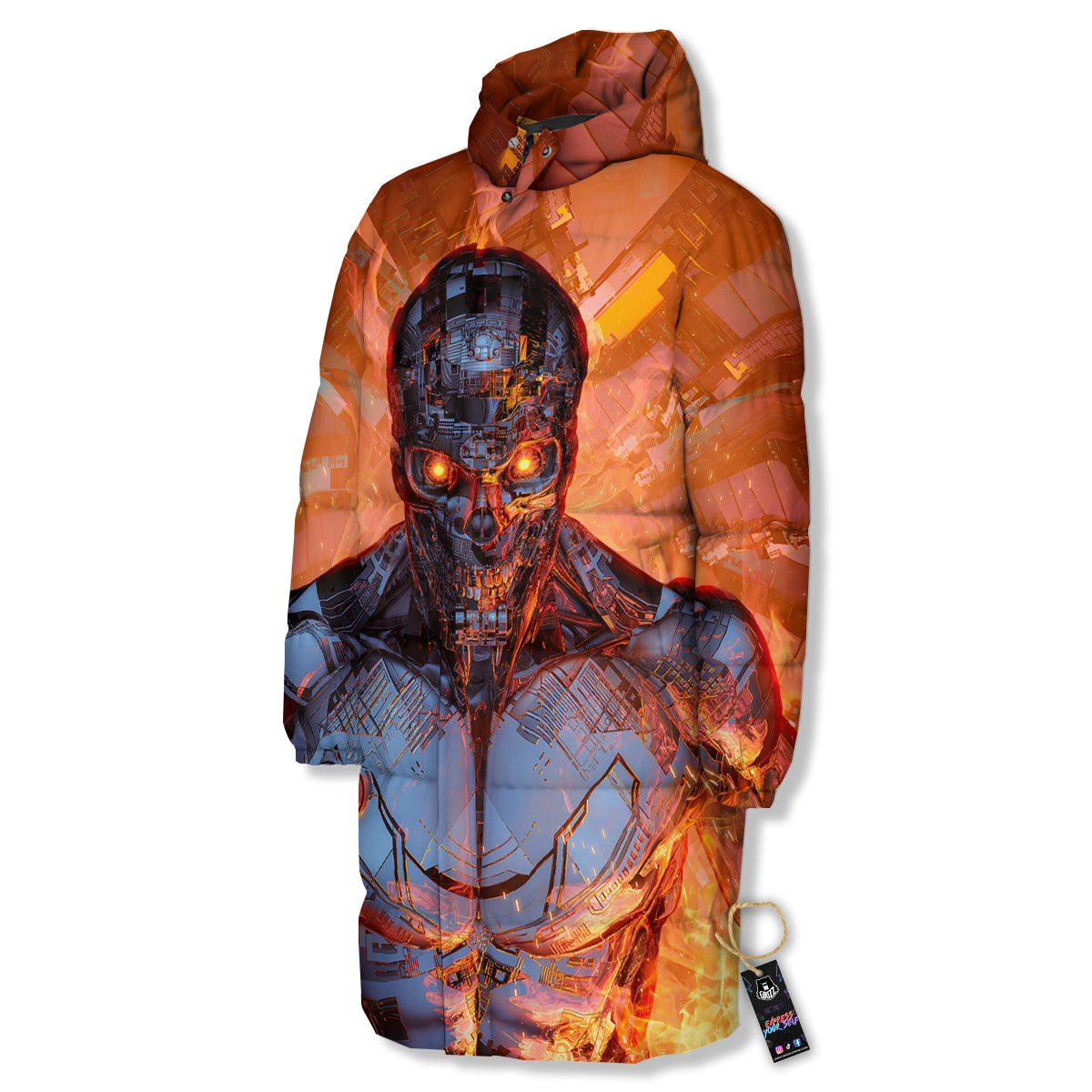 Fire Skeleton Robot Print Long Down Jacket-grizzshop