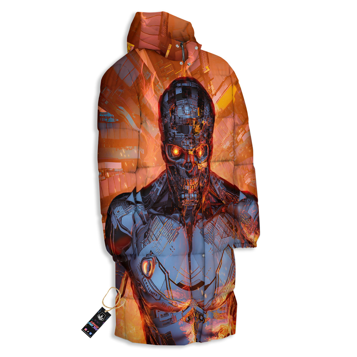 Fire Skeleton Robot Print Long Down Jacket-grizzshop