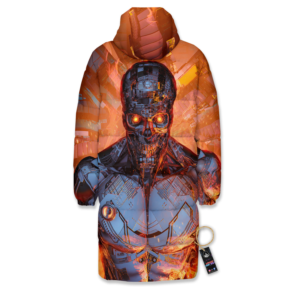 Fire Skeleton Robot Print Long Down Jacket-grizzshop