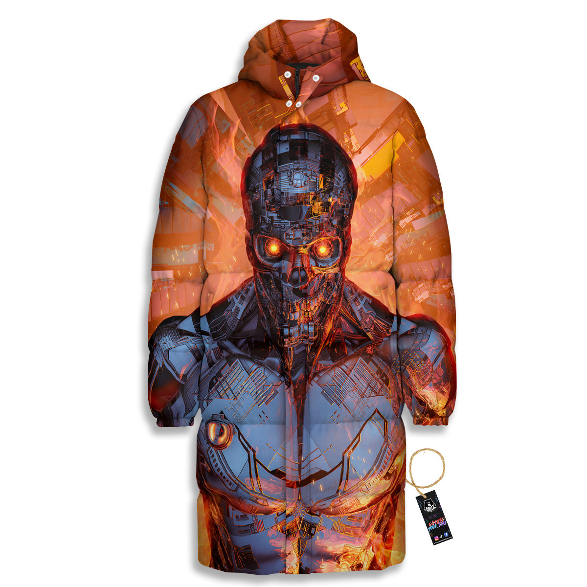Fire Skeleton Robot Print Long Down Jacket-grizzshop