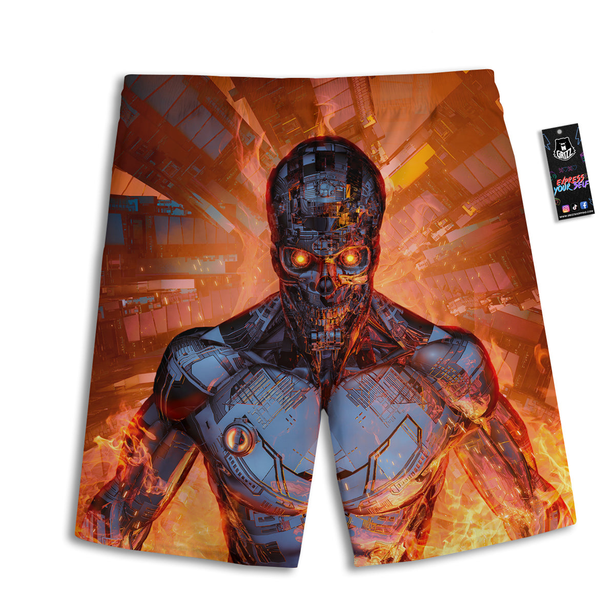 Fire Skeleton Robot Print Men's Athletic Shorts