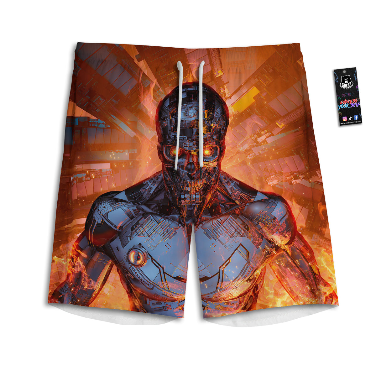 Fire Skeleton Robot Print Men's Athletic Shorts