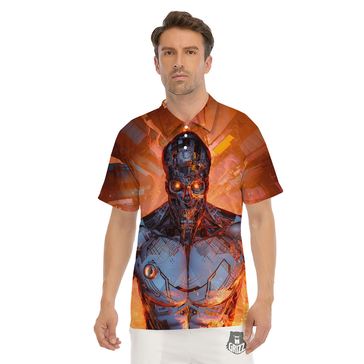 Fire Skeleton Robot Print Men's Golf Shirts-grizzshop