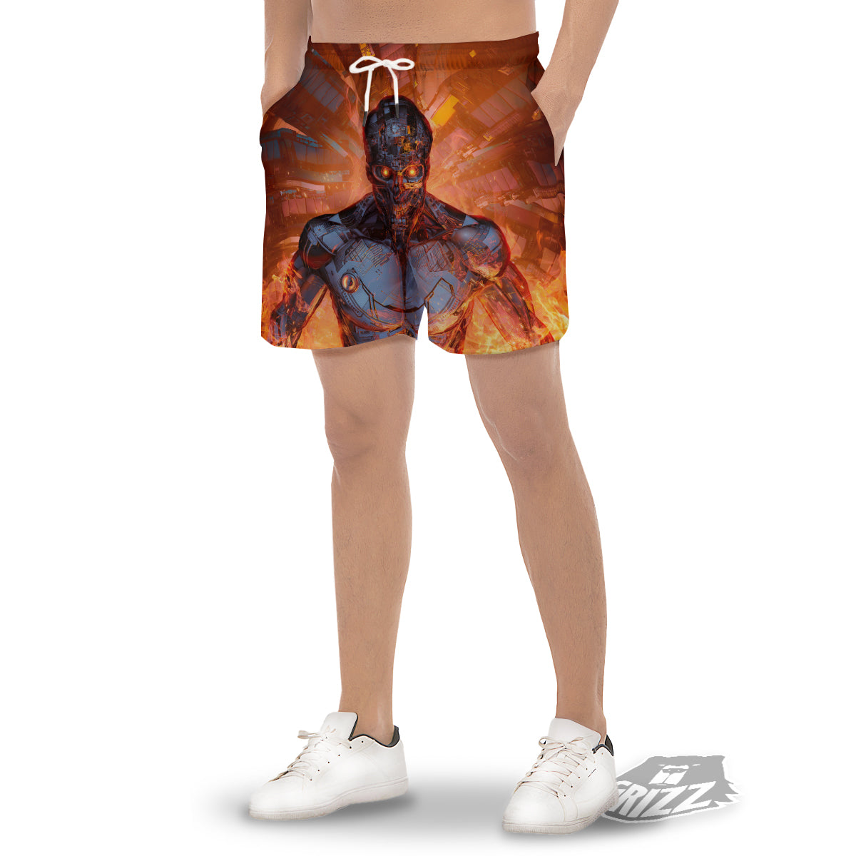 Fire Skeleton Robot Print Men's Gym Shorts-grizzshop
