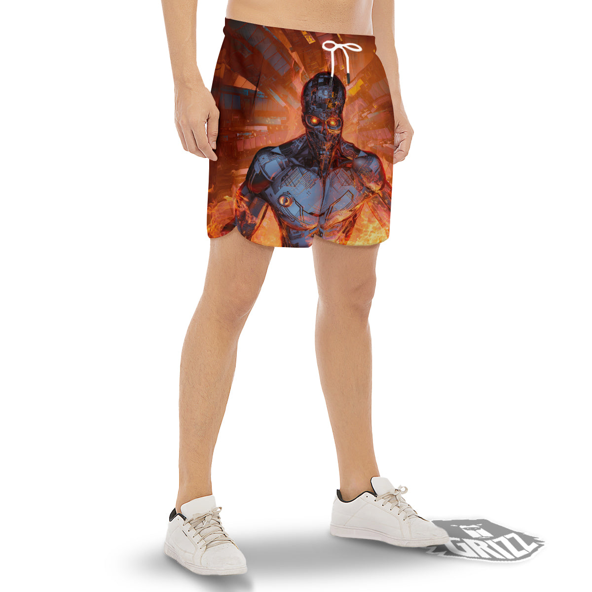 Fire Skeleton Robot Print Men's Gym Shorts-grizzshop