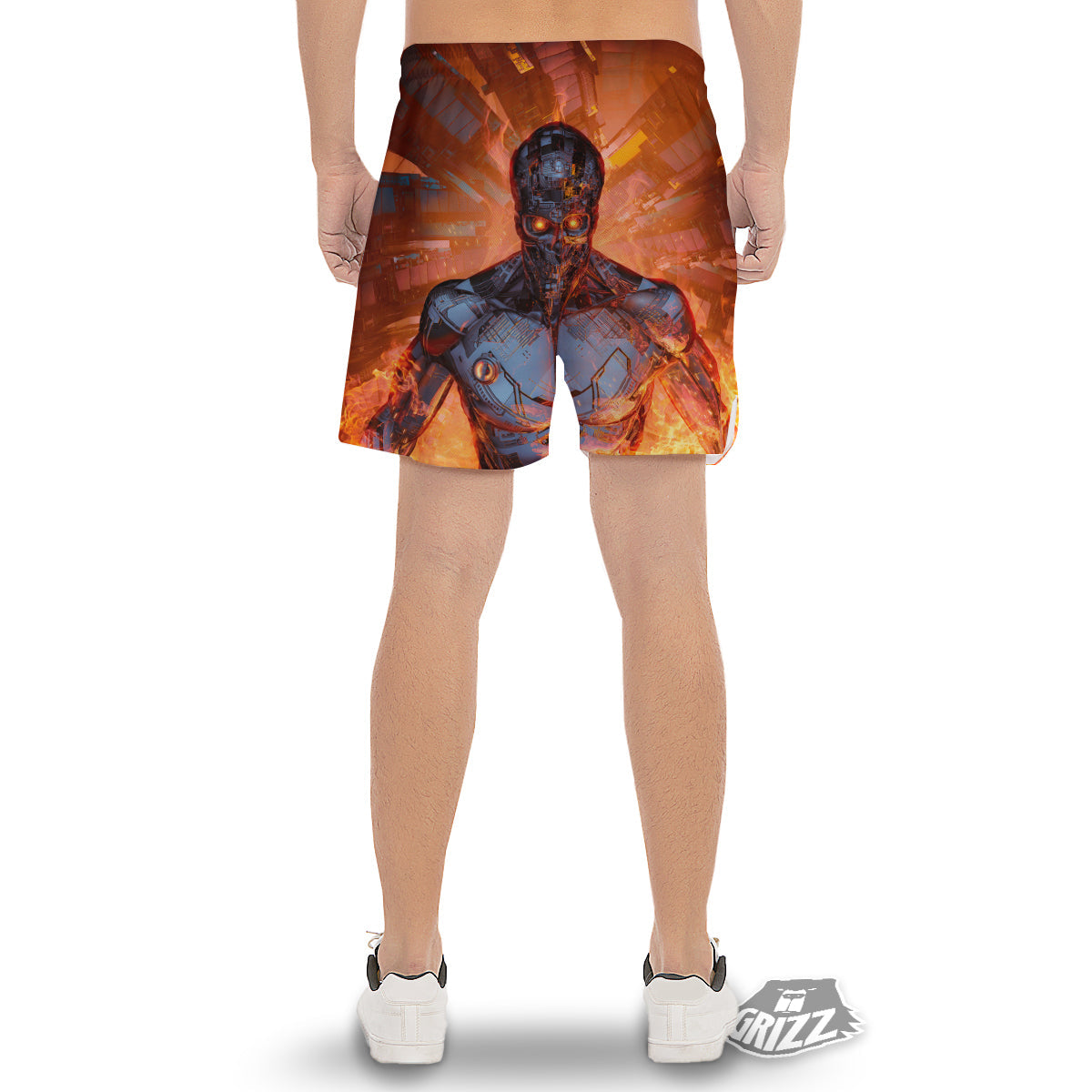 Fire Skeleton Robot Print Men's Gym Shorts-grizzshop