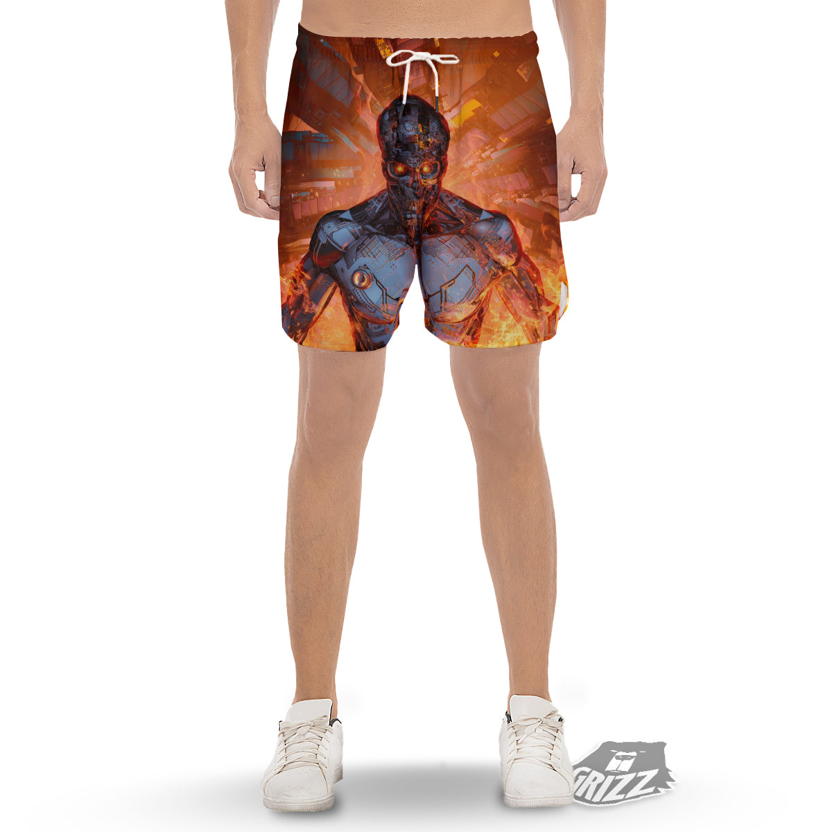 Fire Skeleton Robot Print Men's Gym Shorts-grizzshop
