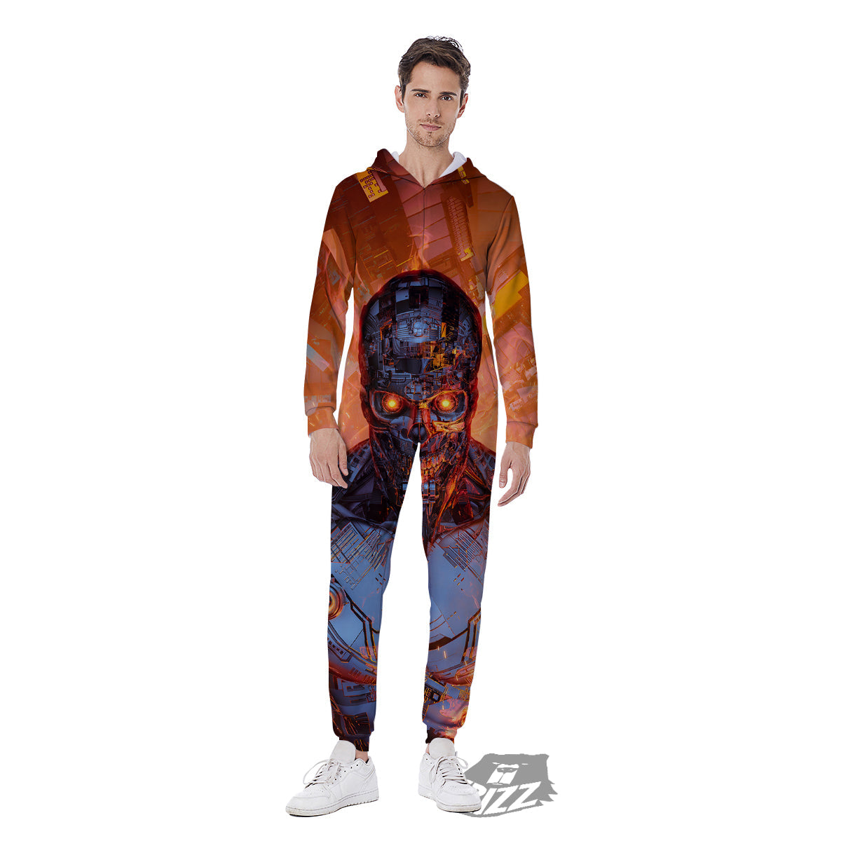 Fire Skeleton Robot Print Men's Jumpsuit-grizzshop