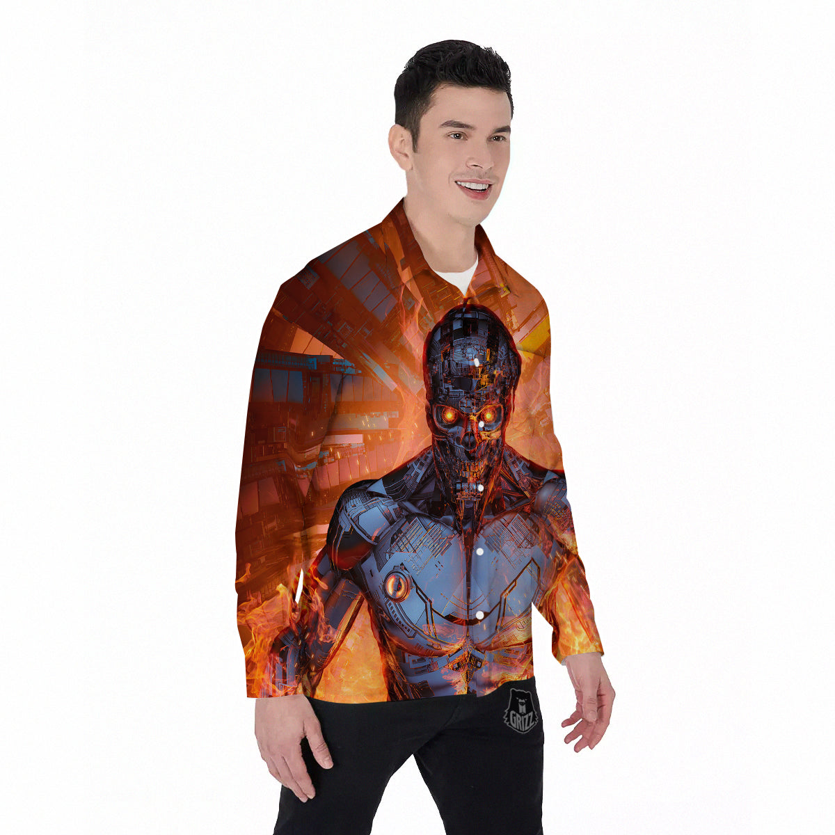 Fire Skeleton Robot Print Men's Long Sleeve Shirts-grizzshop