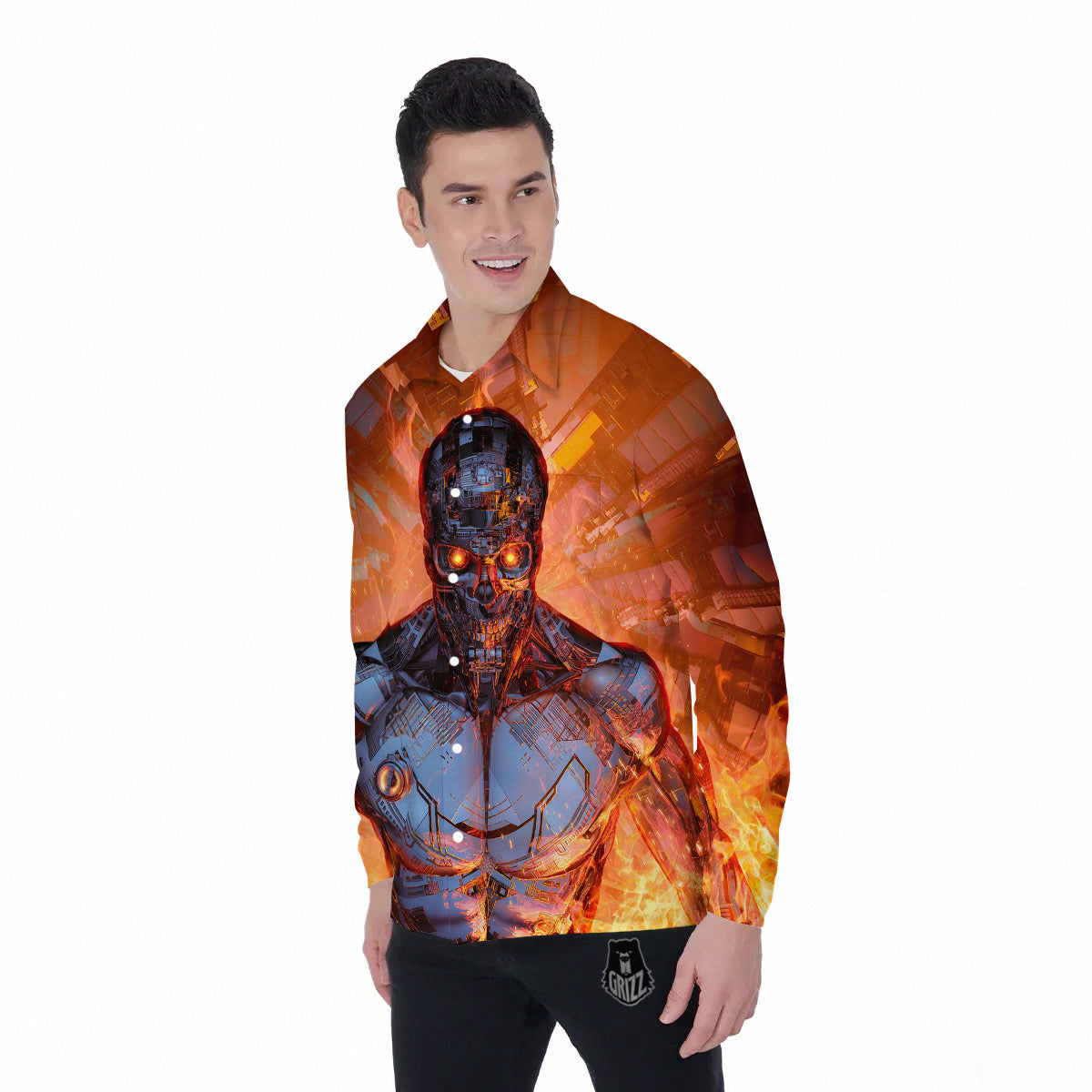 Fire Skeleton Robot Print Men's Long Sleeve Shirts-grizzshop