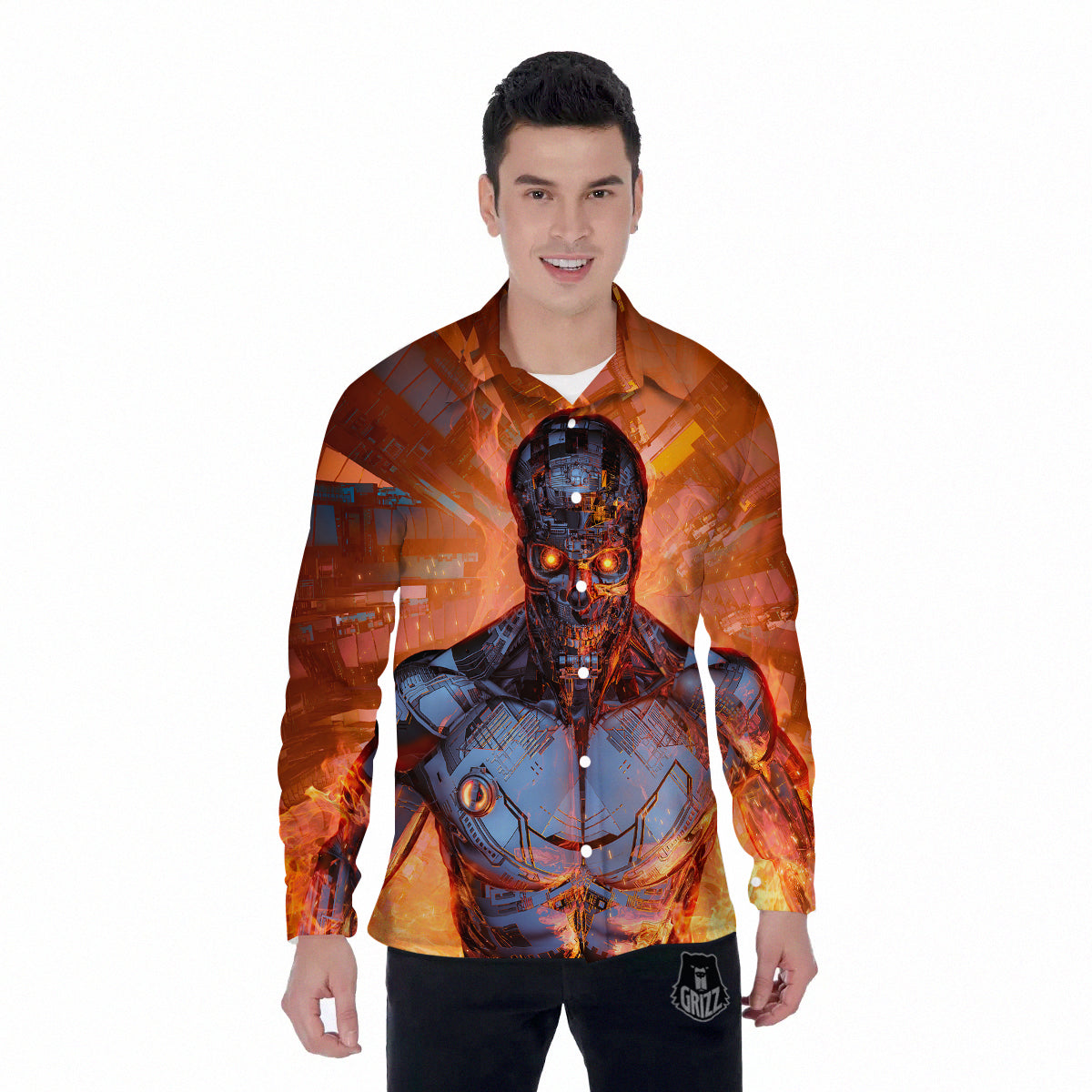 Fire Skeleton Robot Print Men's Long Sleeve Shirts-grizzshop