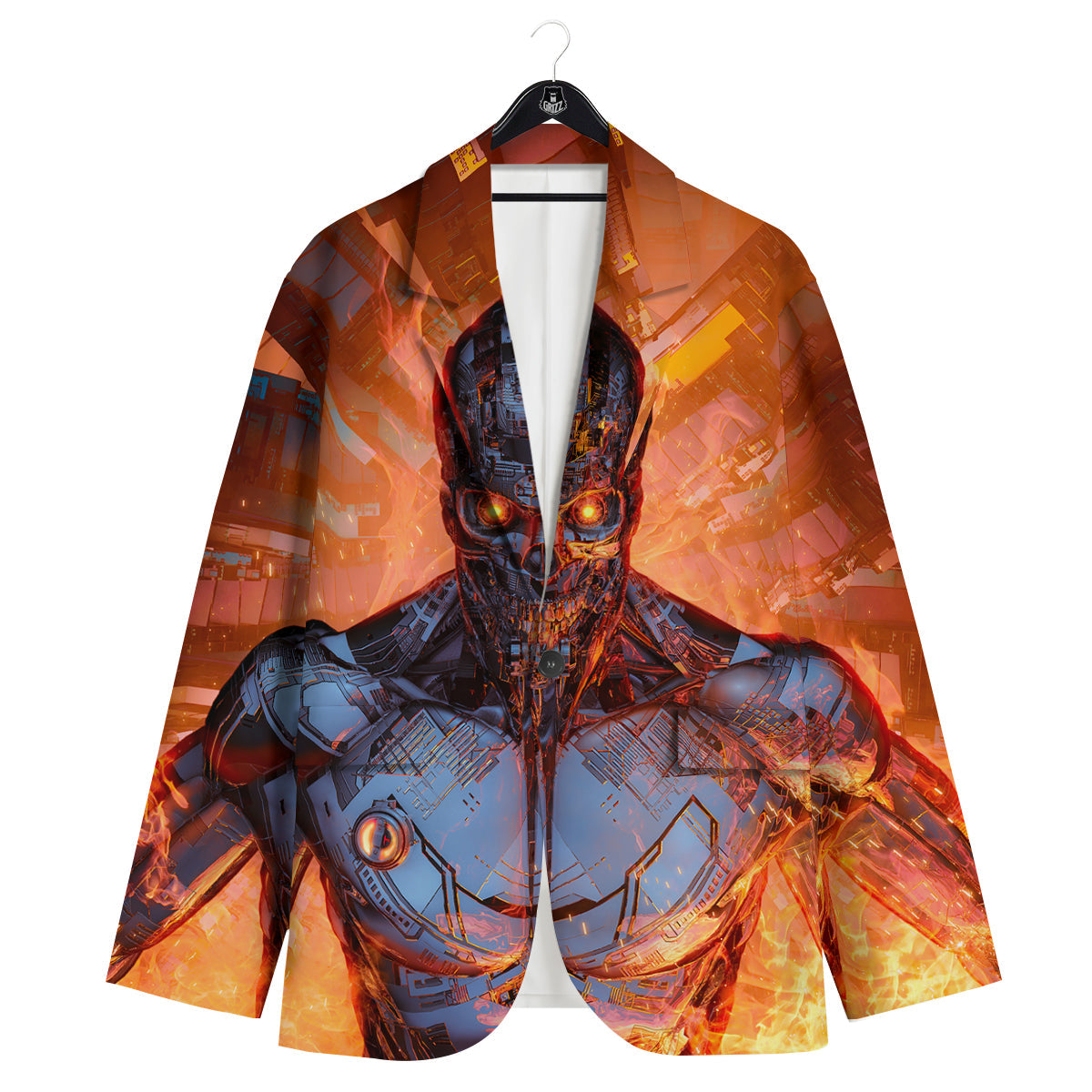 Fire Skeleton Robot Print Men's Sport Coat-grizzshop