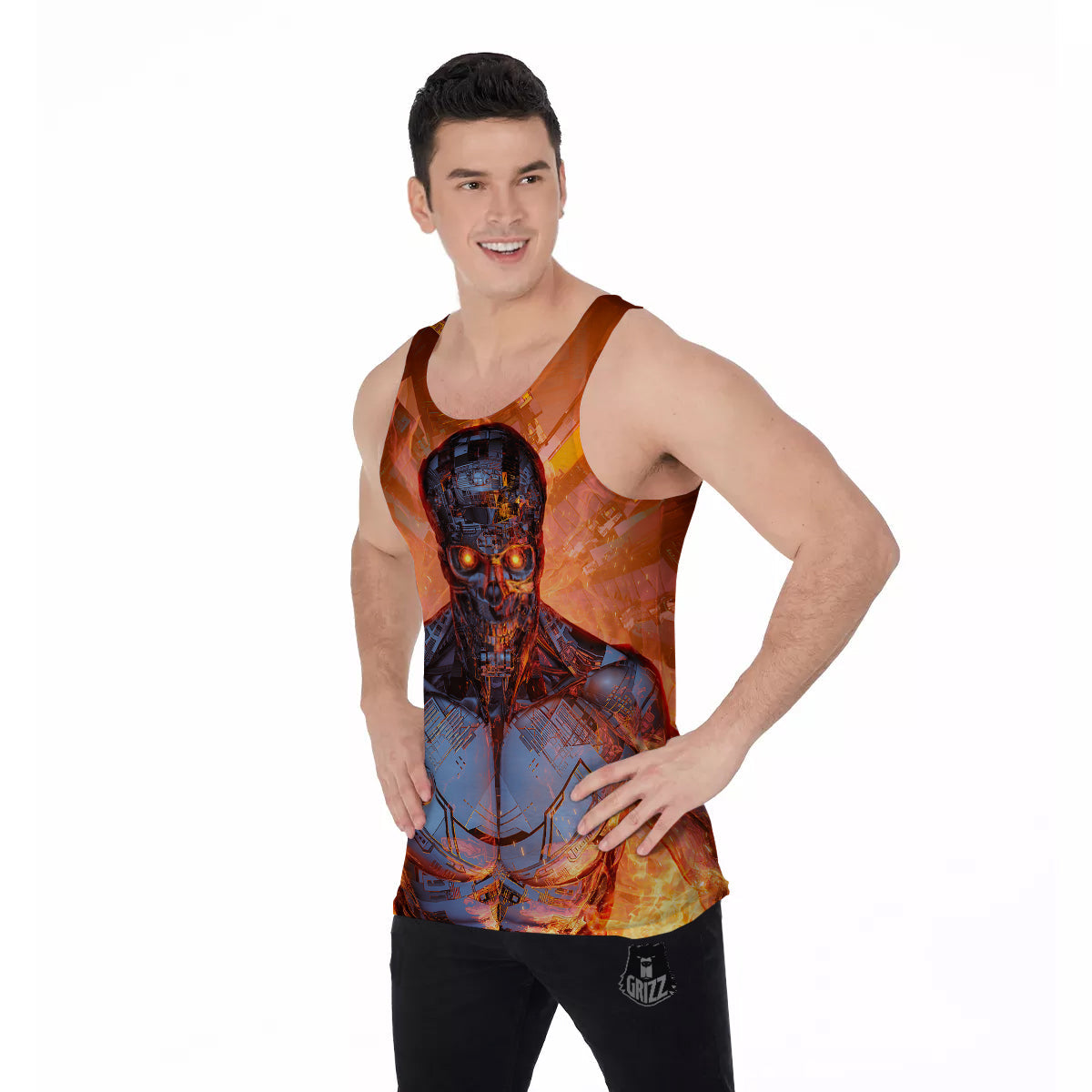 Fire Skeleton Robot Print Men's Tank Top-grizzshop