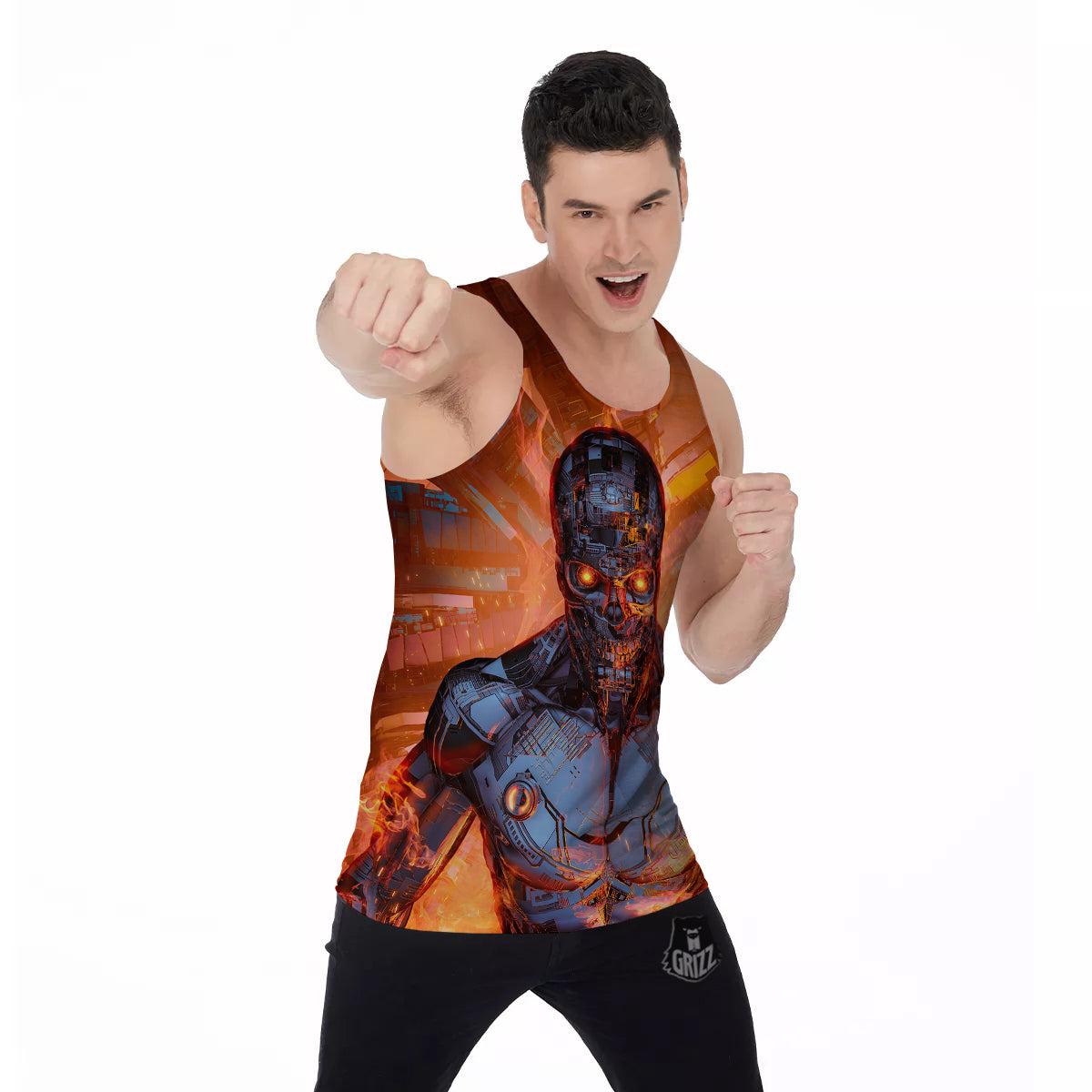 Fire Skeleton Robot Print Men's Tank Top-grizzshop