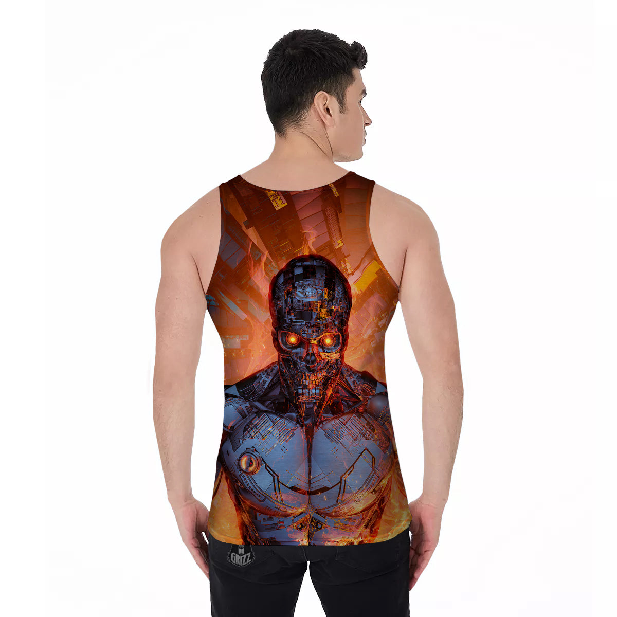 Fire Skeleton Robot Print Men's Tank Top-grizzshop