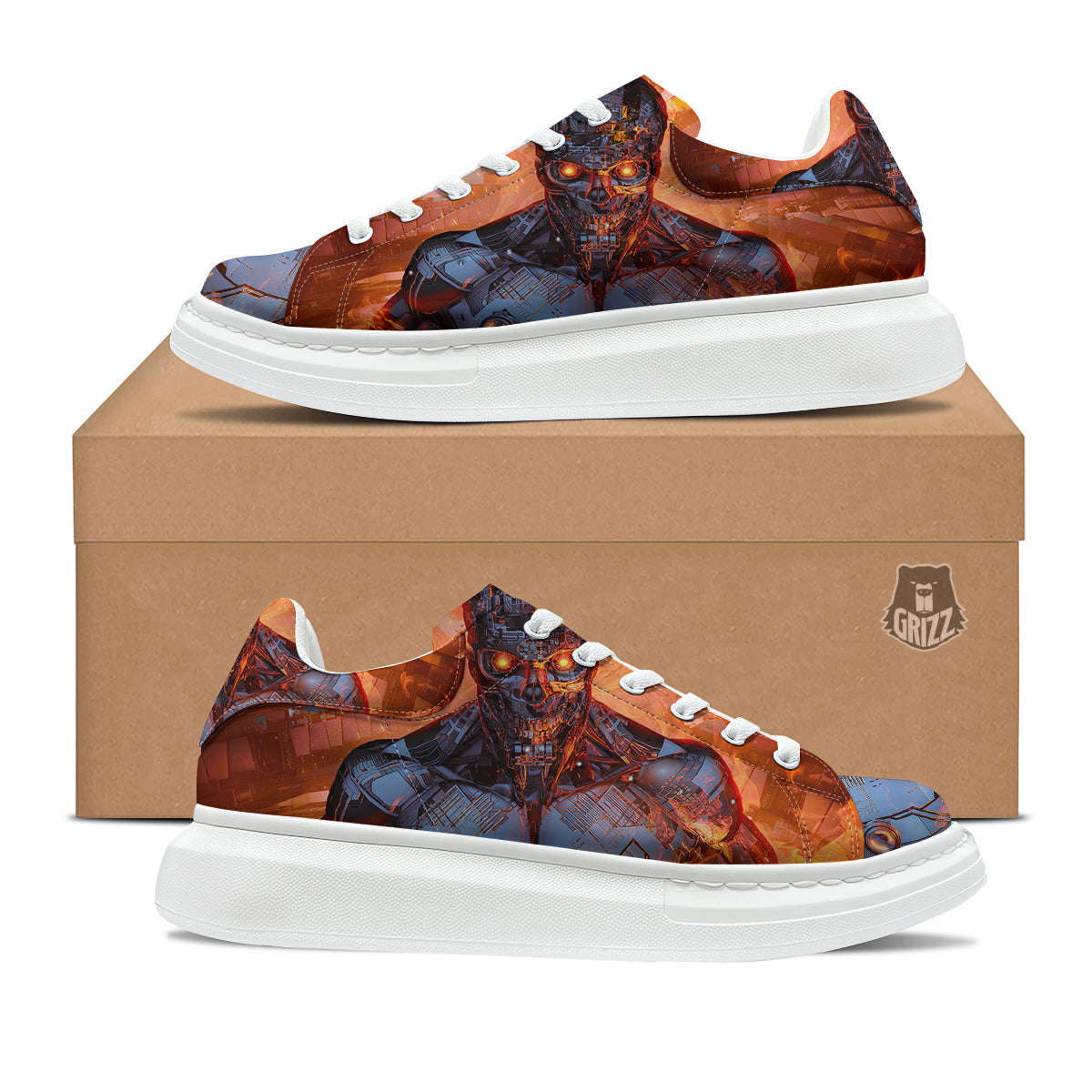 Fire Skeleton Robot Print Platform Shoes-grizzshop