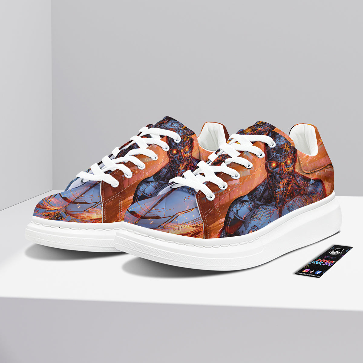 Fire Skeleton Robot Print Platform Shoes-grizzshop