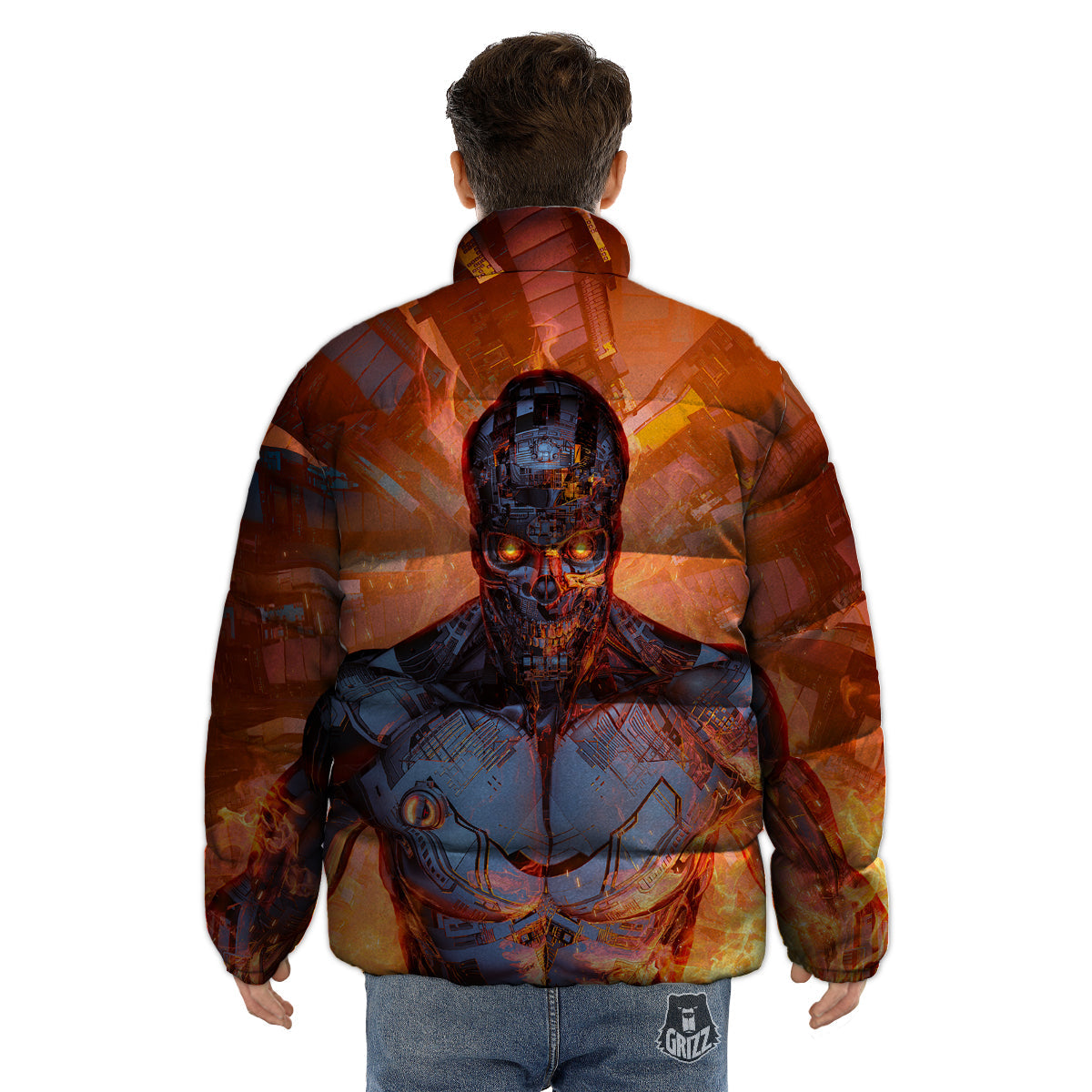 Fire Skeleton Robot Print Puffer Jacket-grizzshop