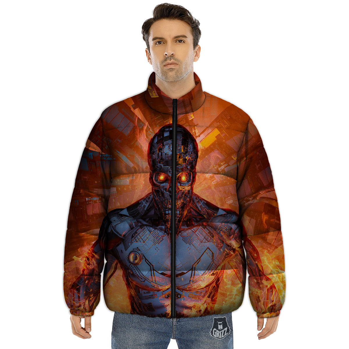 Fire Skeleton Robot Print Puffer Jacket-grizzshop