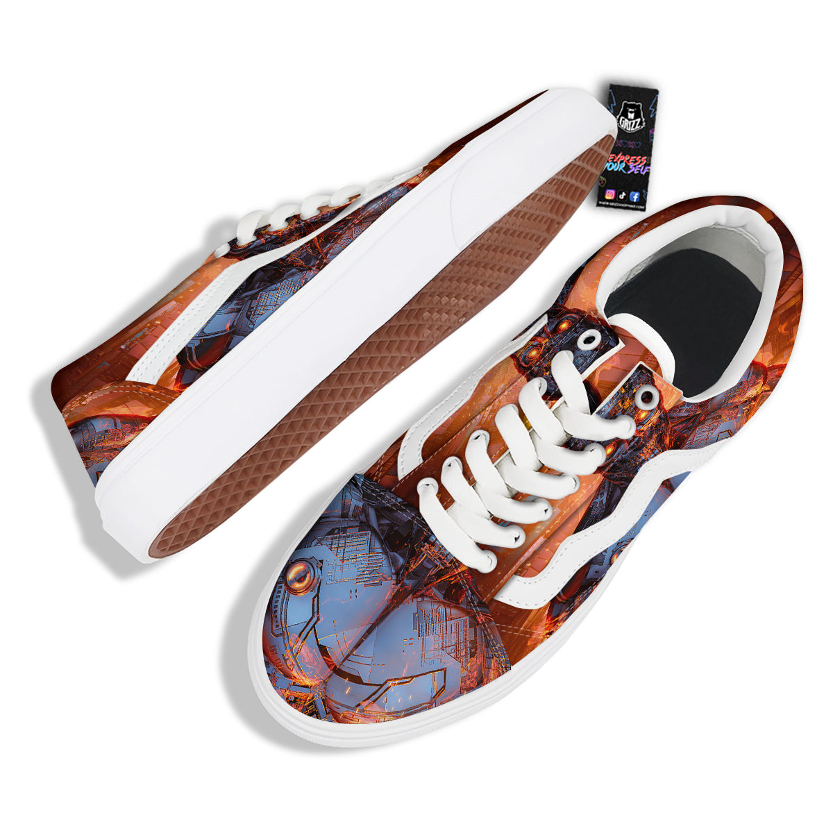 Fire Skeleton Robot Print Skate Shoes-grizzshop