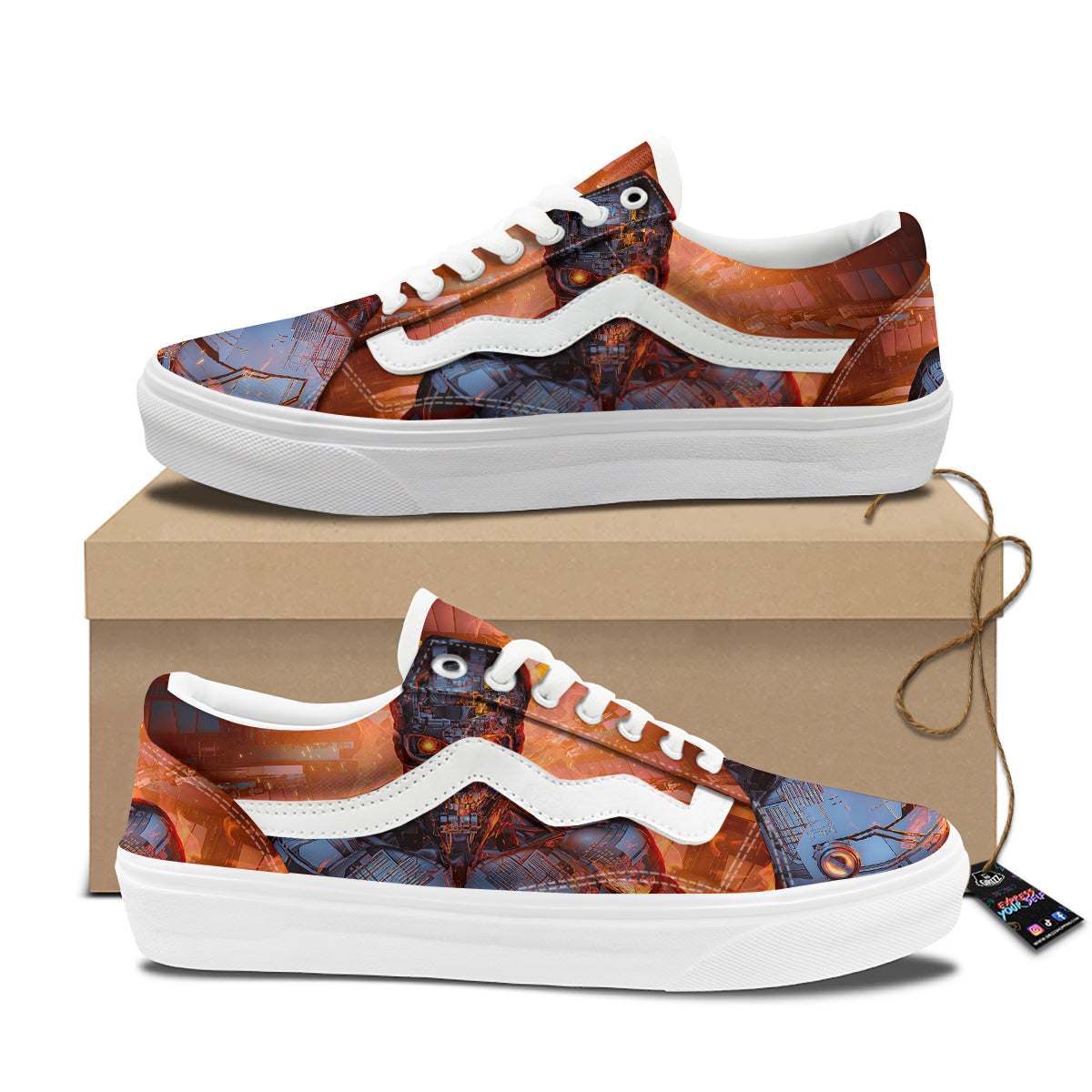 Fire Skeleton Robot Print Skate Shoes-grizzshop