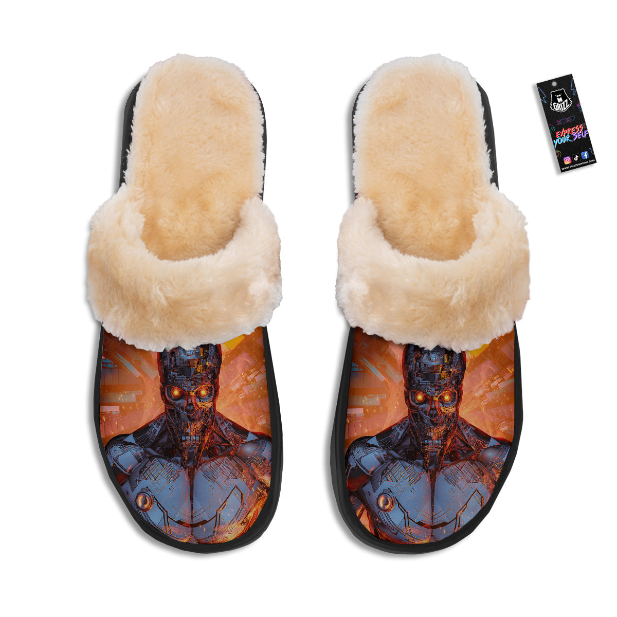 Fire Skeleton Robot Print Slippers-grizzshop