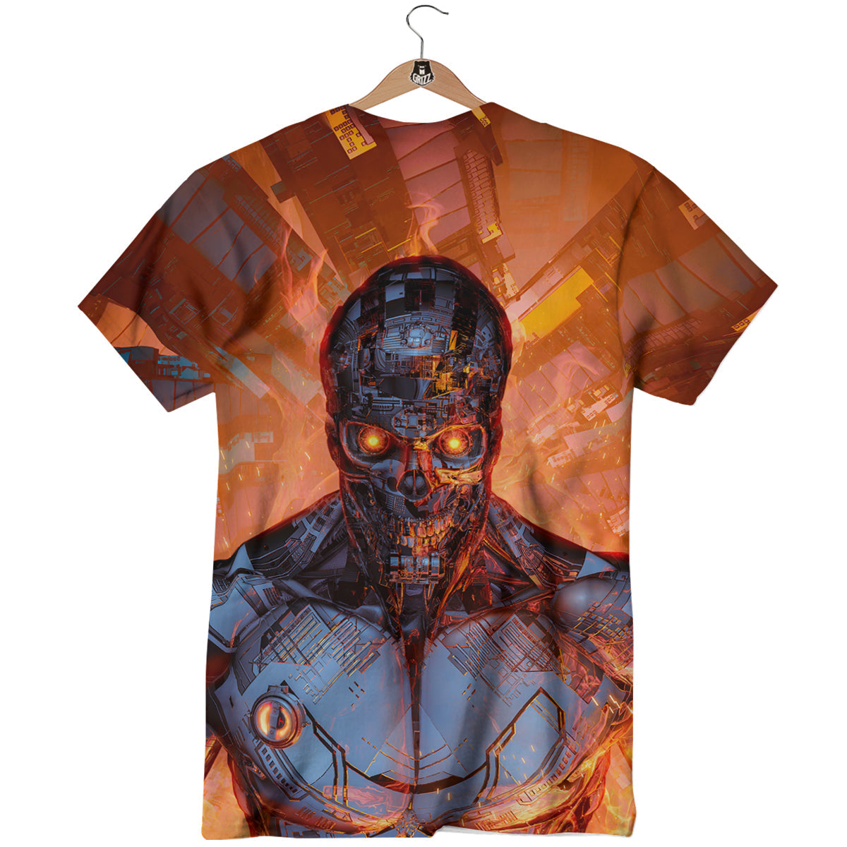 Fire Skeleton Robot Print T-Shirt-grizzshop