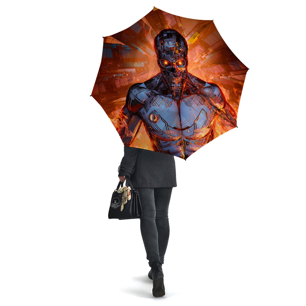 Fire Skeleton Robot Print Umbrella-grizzshop