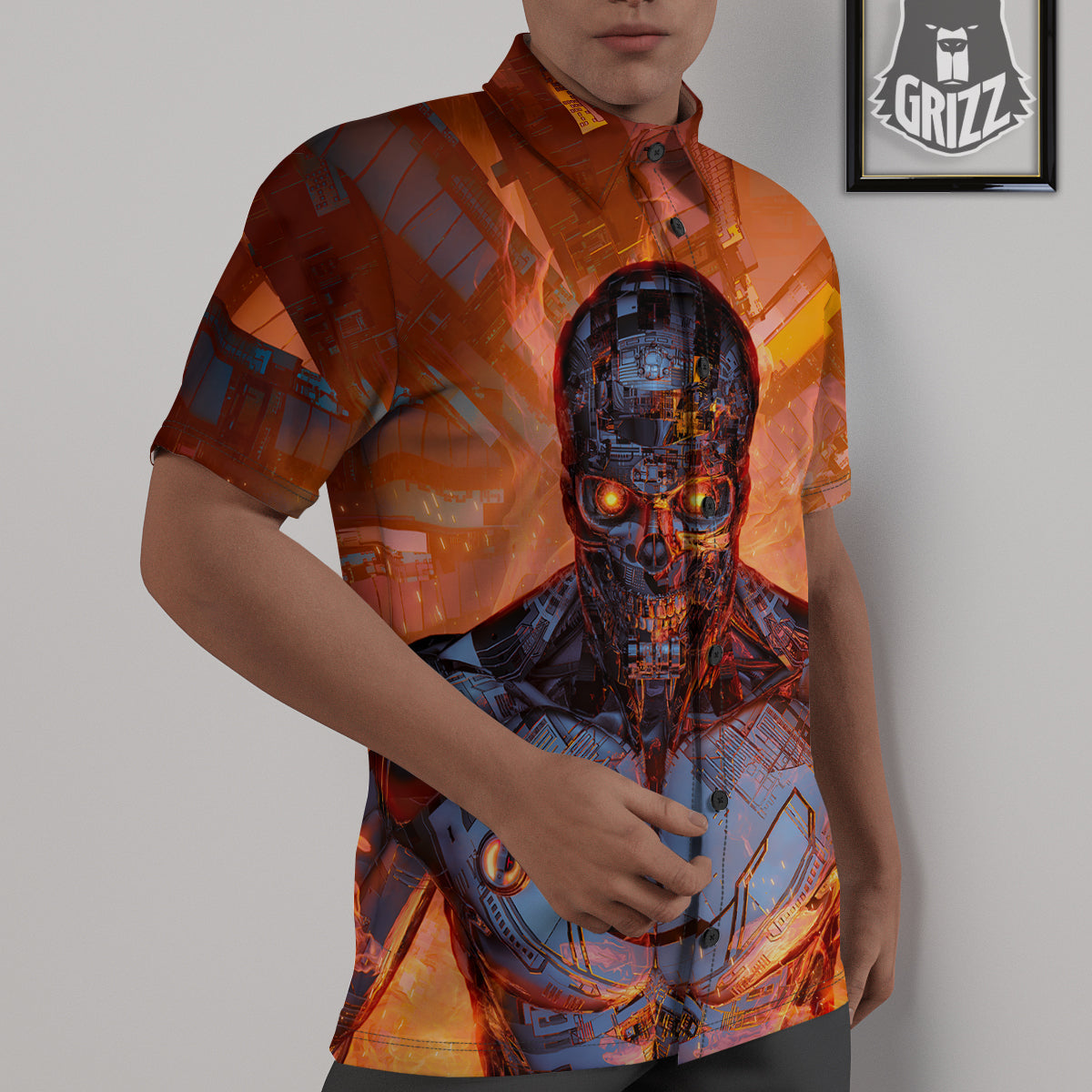 Fire Skeleton Robot Print Untucked Shirts-grizzshop