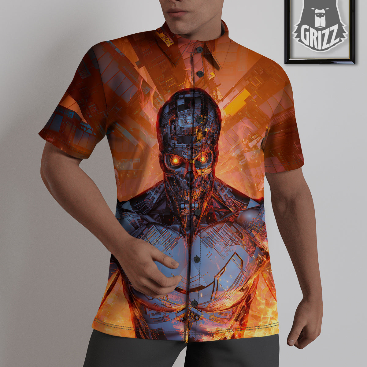 Fire Skeleton Robot Print Untucked Shirts-grizzshop