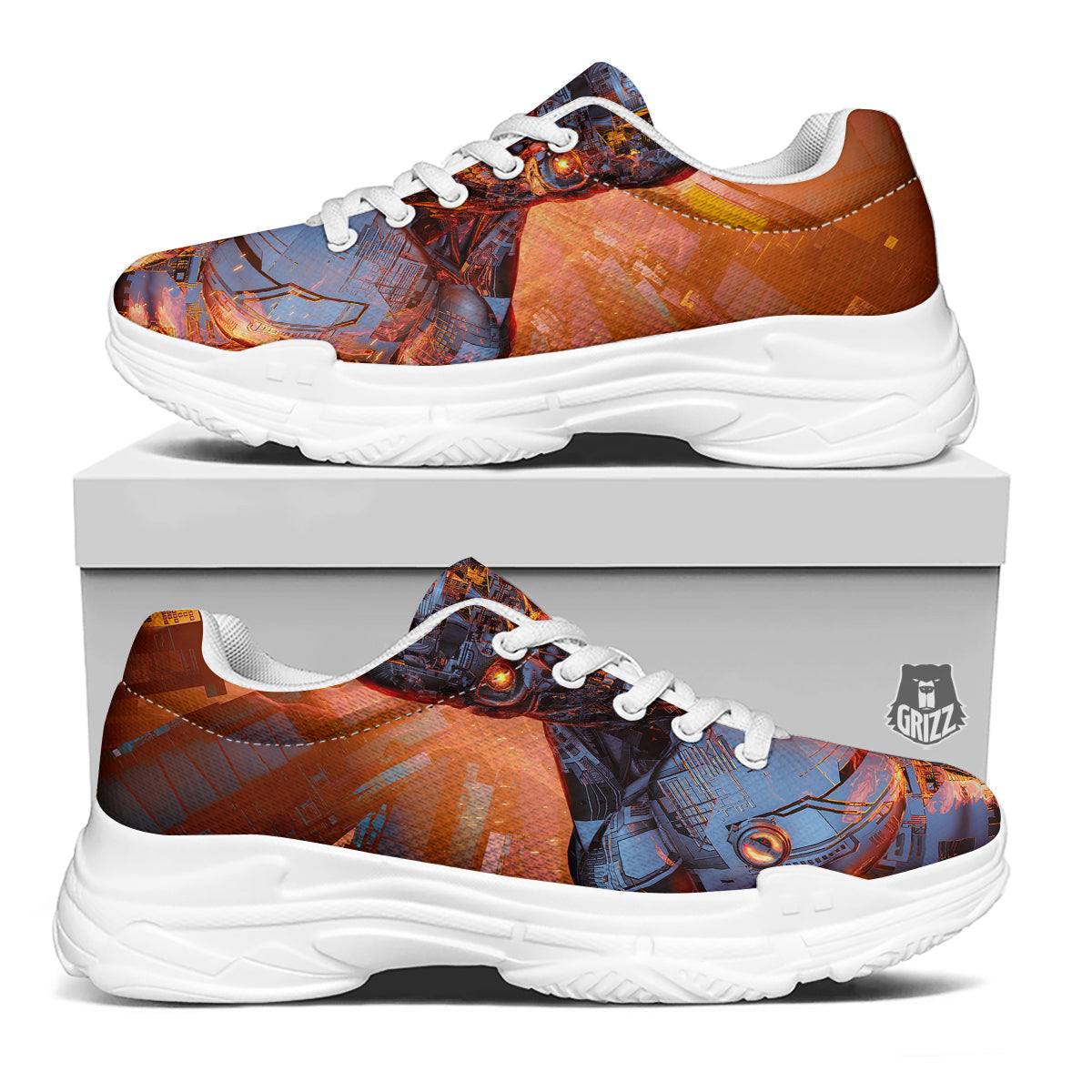 Fire Skeleton Robot Print White Chunky Shoes-grizzshop