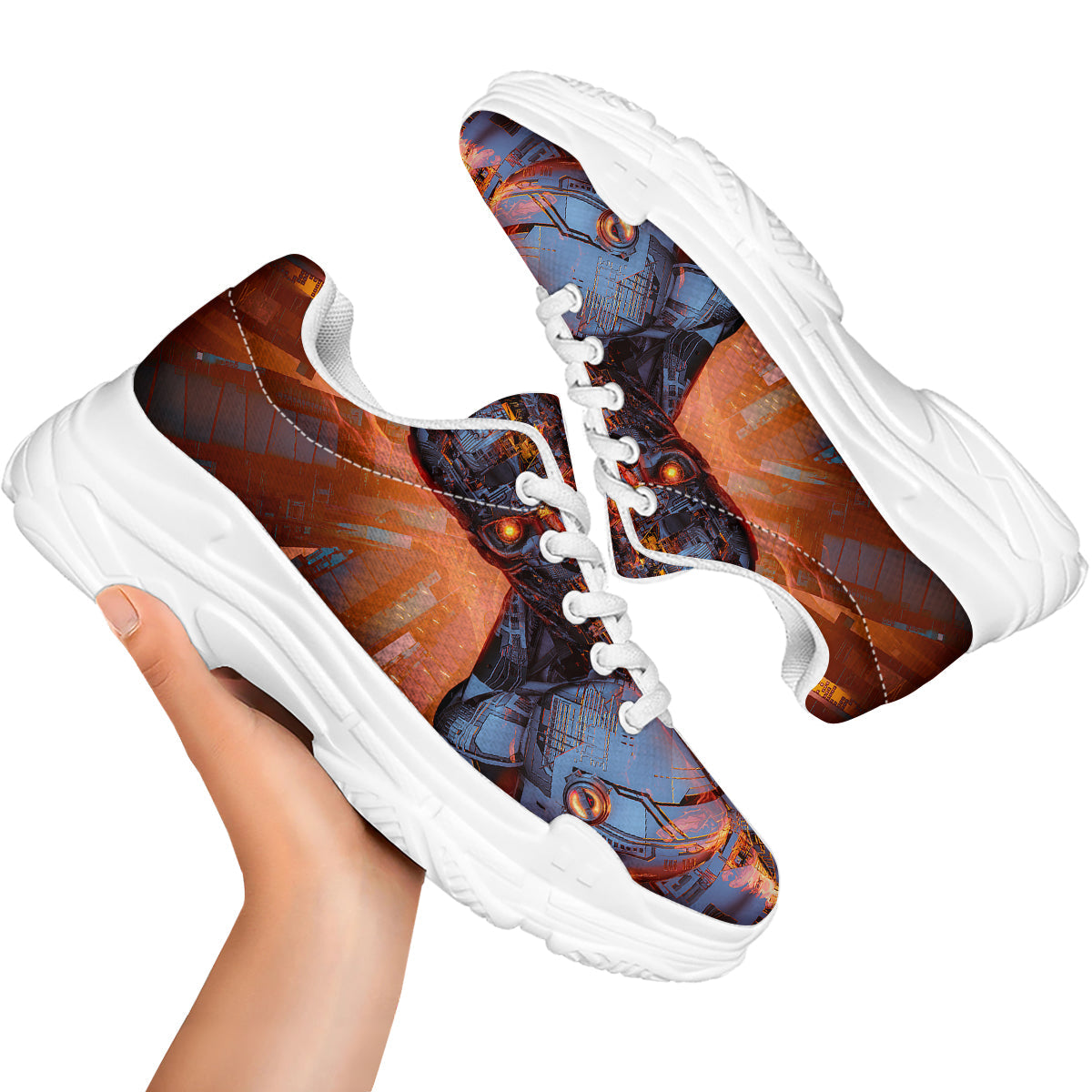 Fire Skeleton Robot Print White Chunky Shoes-grizzshop
