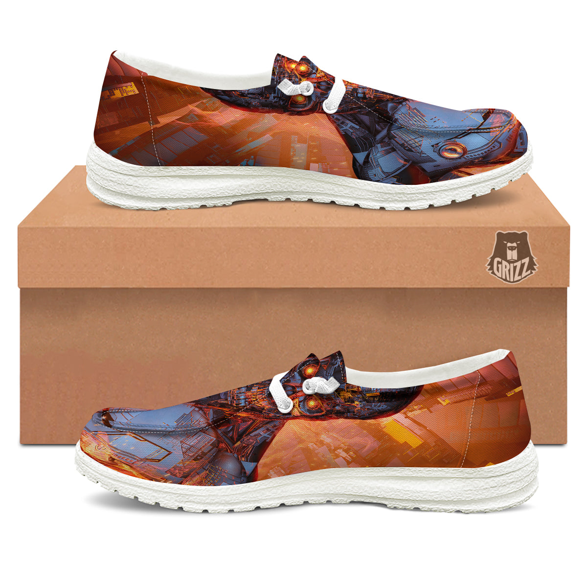 Fire Skeleton Robot Print White Loafers-grizzshop