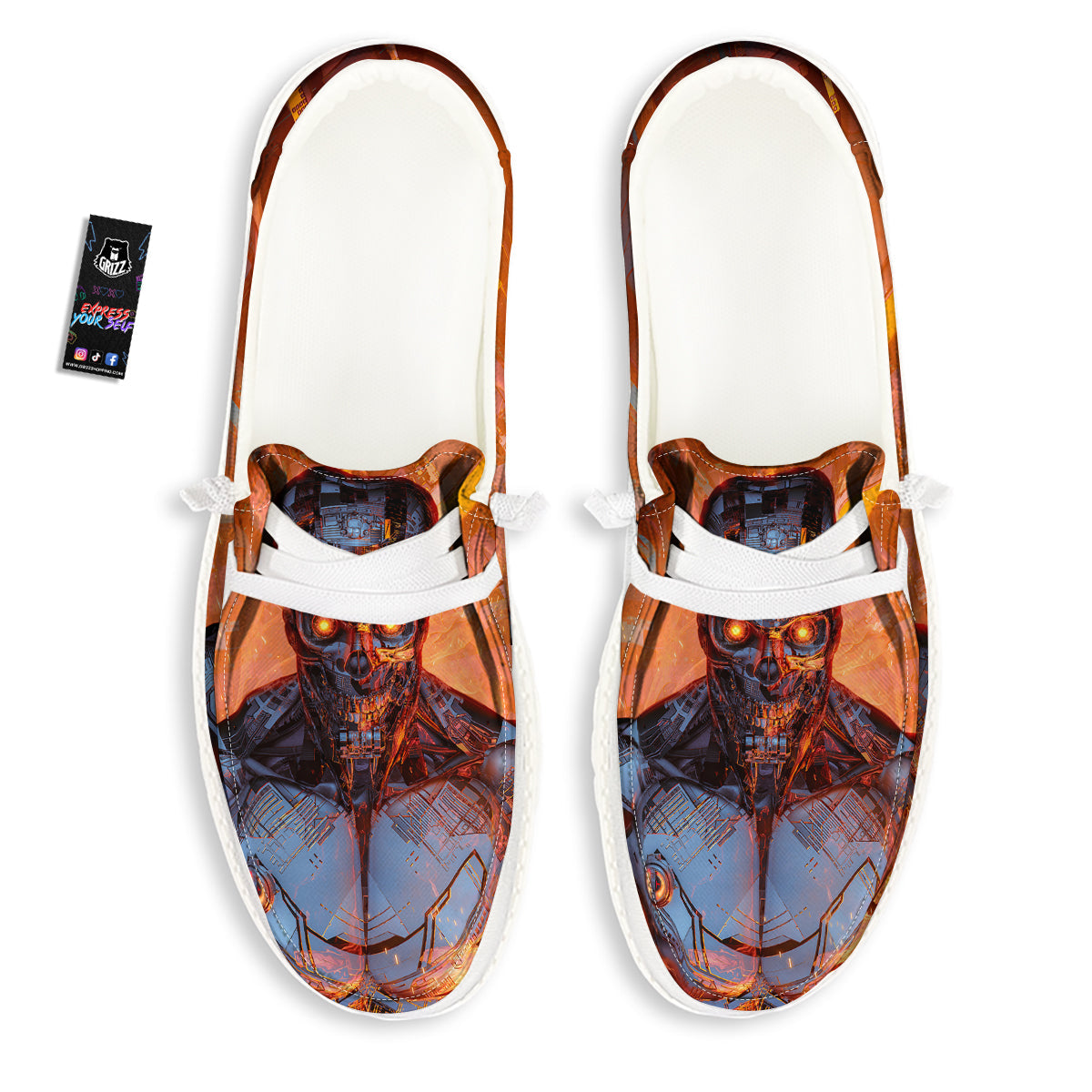 Fire Skeleton Robot Print White Loafers-grizzshop