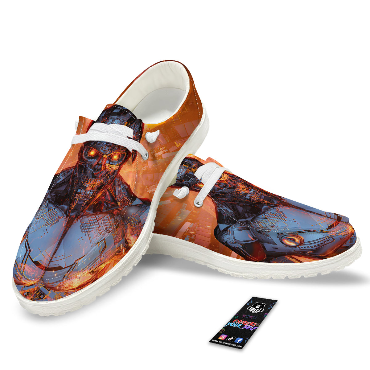Fire Skeleton Robot Print White Loafers-grizzshop