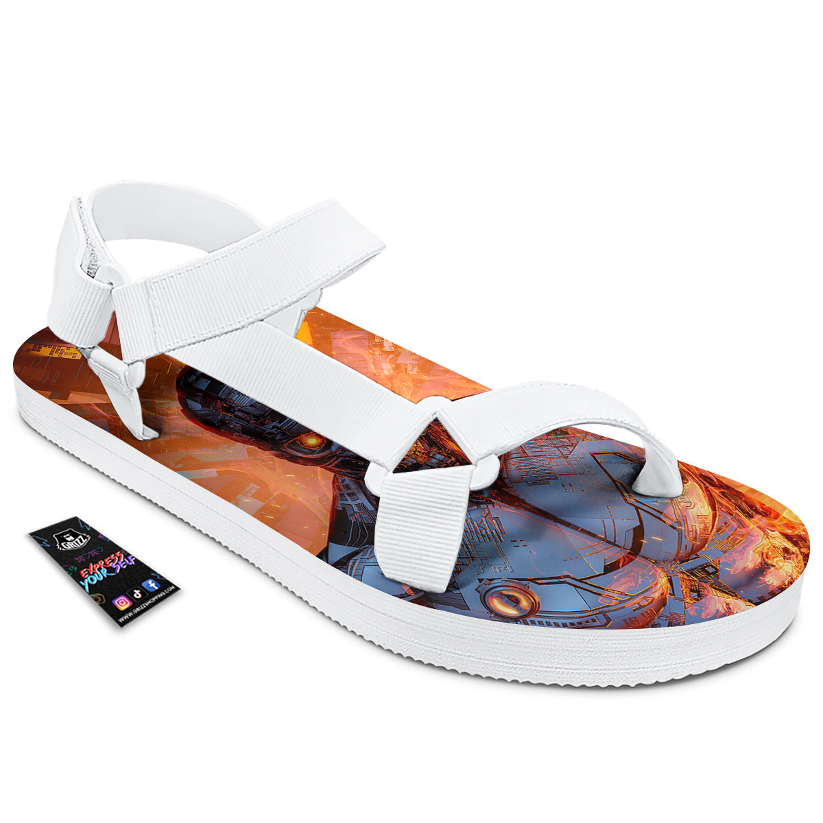 Fire Skeleton Robot Print White Open Toe Sandals-grizzshop