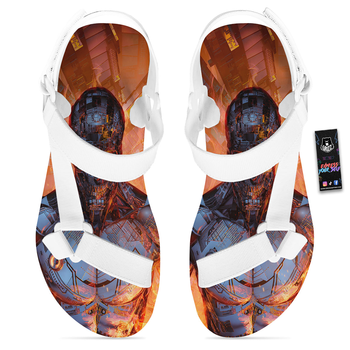 Fire Skeleton Robot Print White Open Toe Sandals-grizzshop