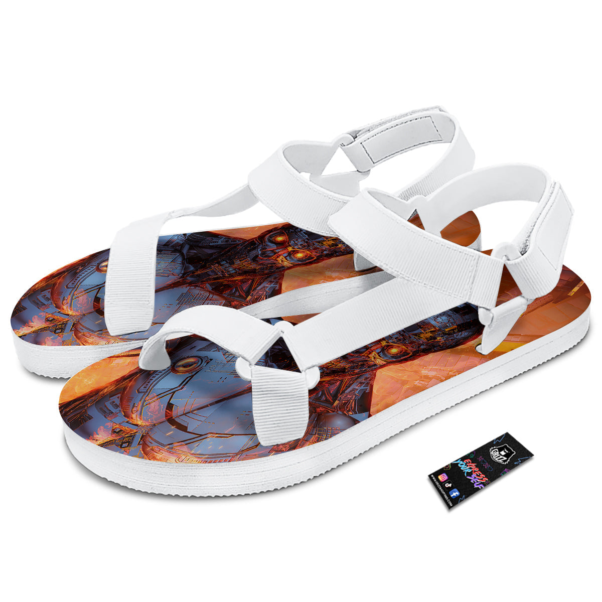 Fire Skeleton Robot Print White Open Toe Sandals-grizzshop