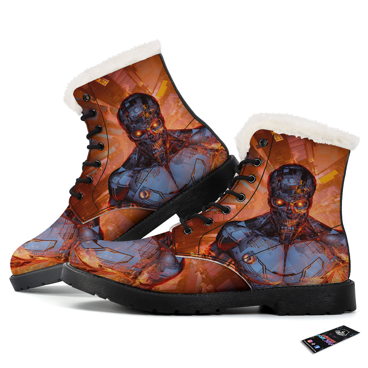 Fire Skeleton Robot Print Winter Boots-grizzshop