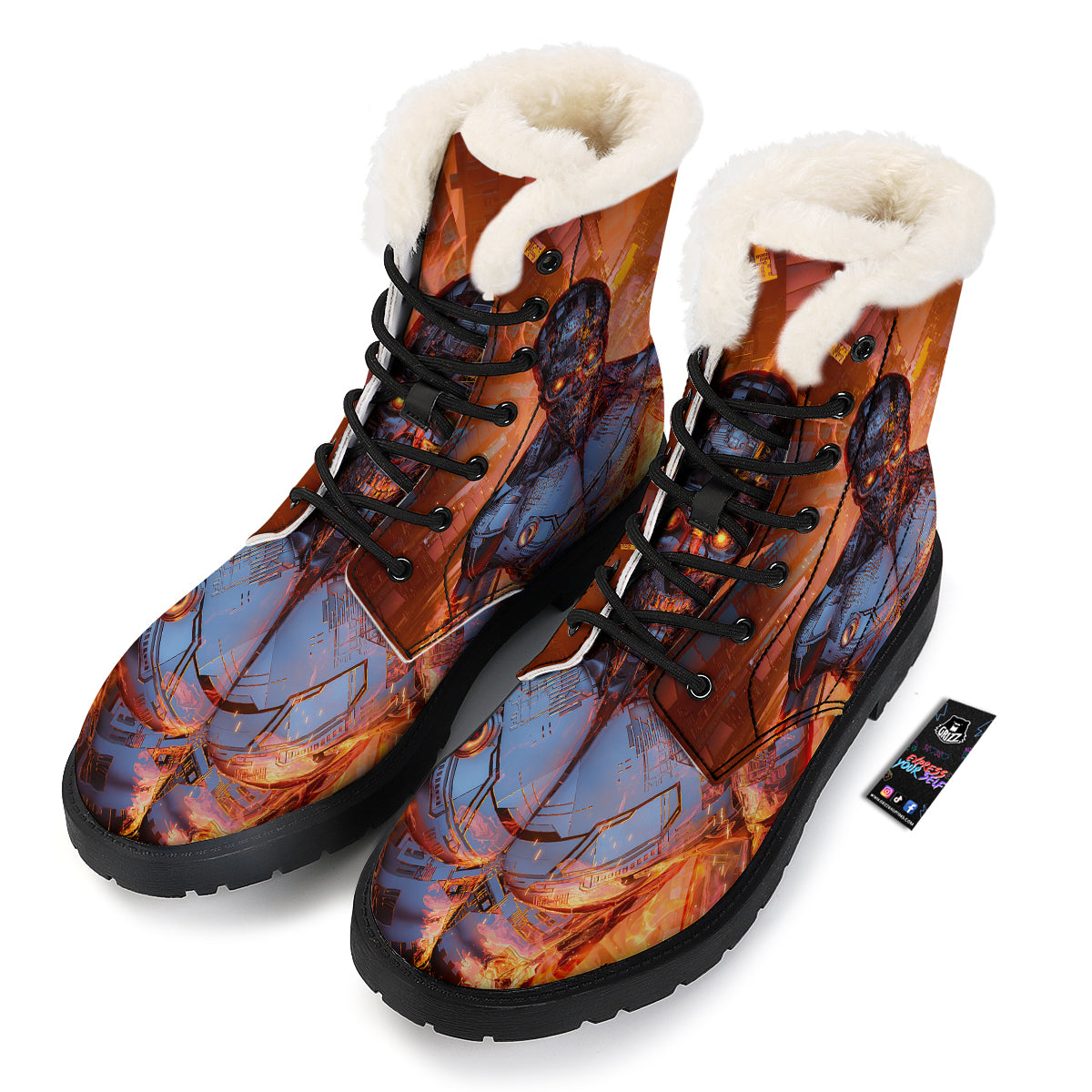 Fire Skeleton Robot Print Winter Boots-grizzshop