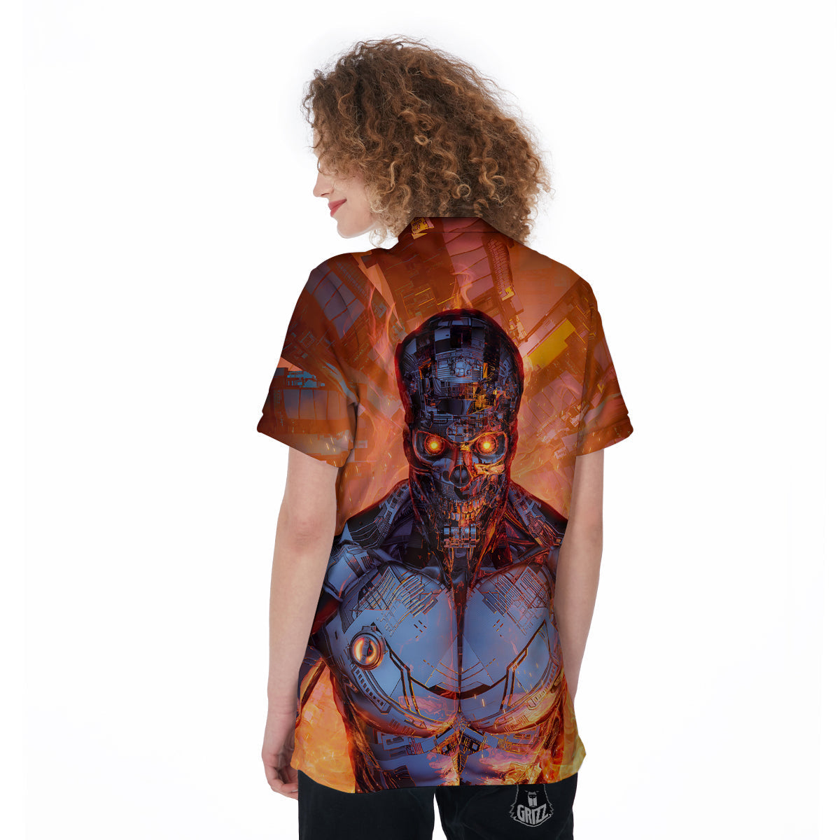 Fire Skeleton Robot Print Women's Golf Shirts-grizzshop