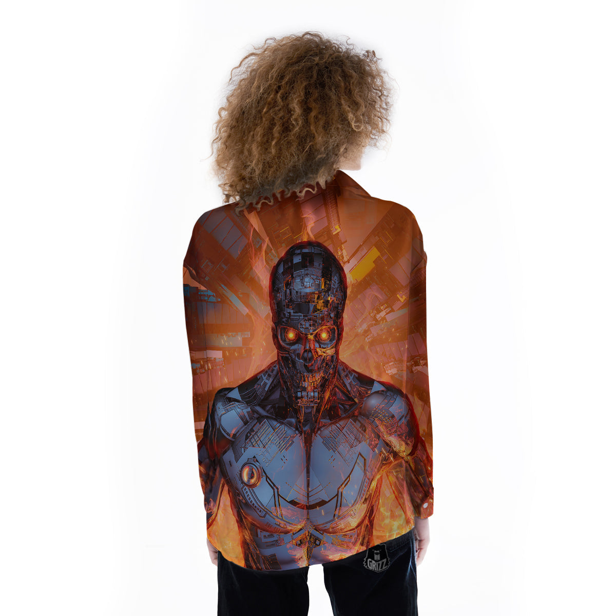 Fire Skeleton Robot Print Women's Long Sleeve Shirts-grizzshop