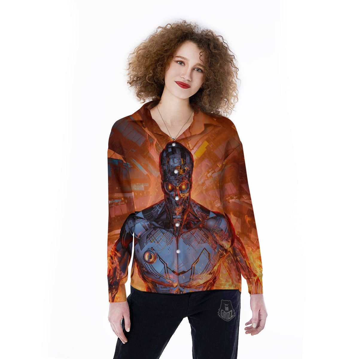 Fire Skeleton Robot Print Women's Long Sleeve Shirts-grizzshop