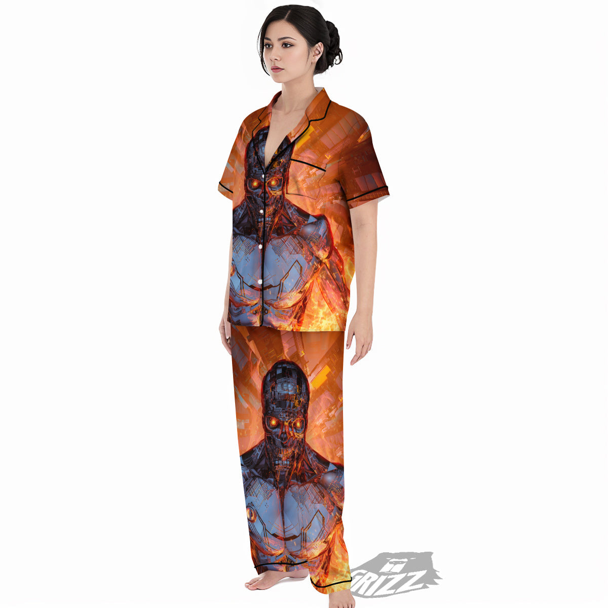 Fire Skeleton Robot Print Women's Pajamas Set-grizzshop