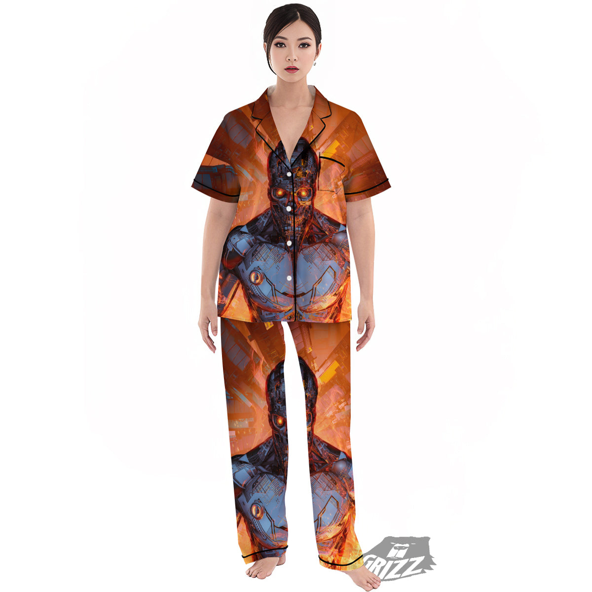 Fire Skeleton Robot Print Women's Pajamas Set-grizzshop