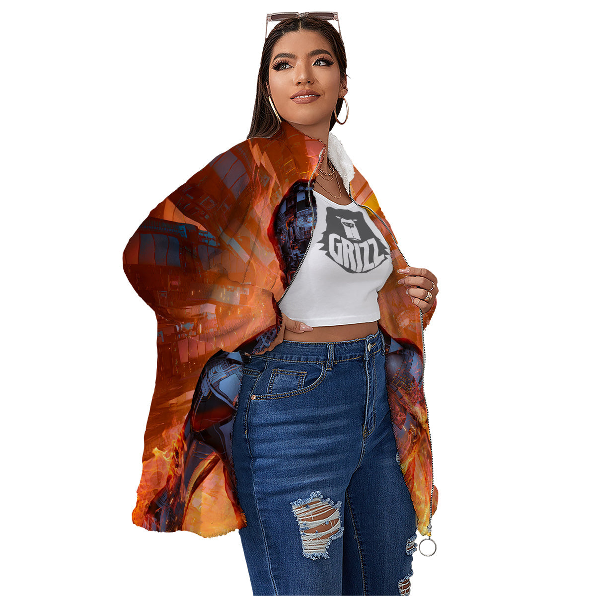 Fire Skeleton Robot Print Women's Sherpa Jacket-grizzshop