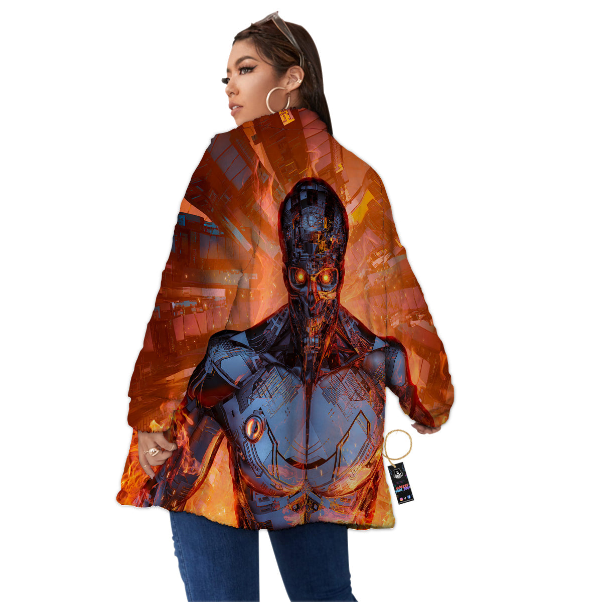Fire Skeleton Robot Print Women's Sherpa Jacket-grizzshop