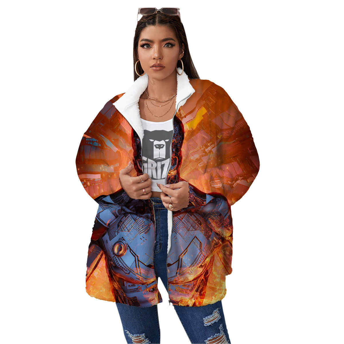 Fire Skeleton Robot Print Women's Sherpa Jacket-grizzshop